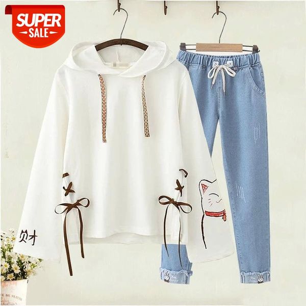 

hooded sweatshirts jeans pants suits set cute girl thin two-piece suit japanese female spring harajuku cat embroidery clothes #fv9g, White