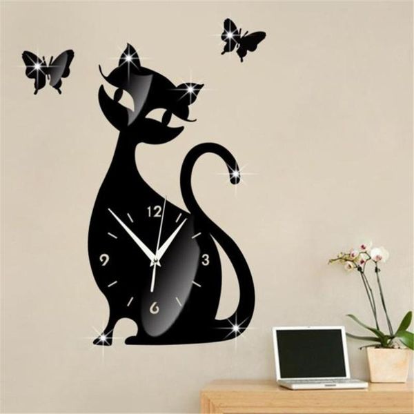 

wall clocks diy creative 2021 cute cat butterfly mirror black clock modern design home decor watch sticker #n27