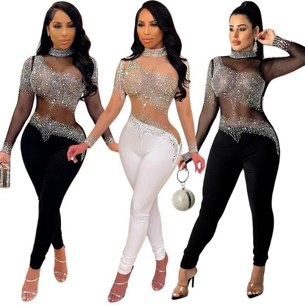 

women's pants & capris sheer mesh patchwork diamonds skinny jumpsuit for women mock neck long sleeve see through bodycon one piece nigh, Black;white