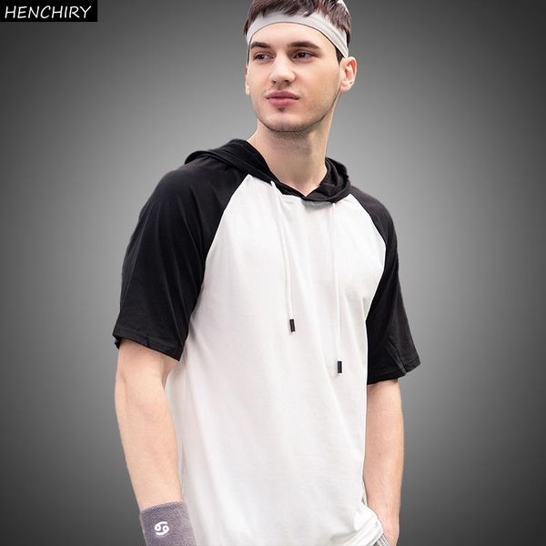 

men's hoodies & sweatshirts men slim fit hoodie streetwear summer casual large size short sleeve o-neck patchwork tees spring mens, Black