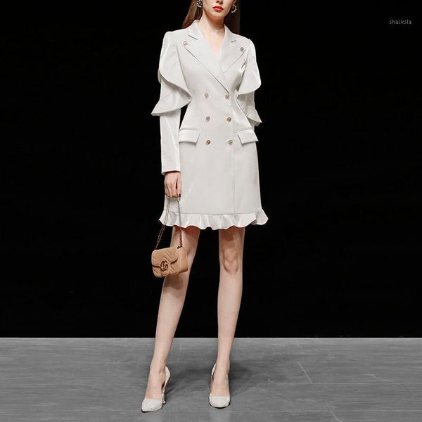 

fashion runway designers spring ruffle patchwork notched blazer dress office festa woman elegant white party robe femme casual dresses, Black;gray