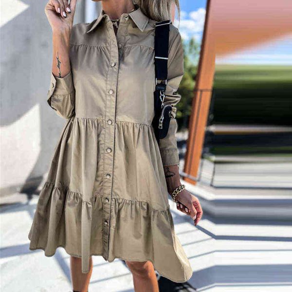 Осень мода отворота плиссированные рюшами женские мини-платья повседневная свободная рубашка платье женщины элегантное сплошное платье с длинным рукавом пункт y1204