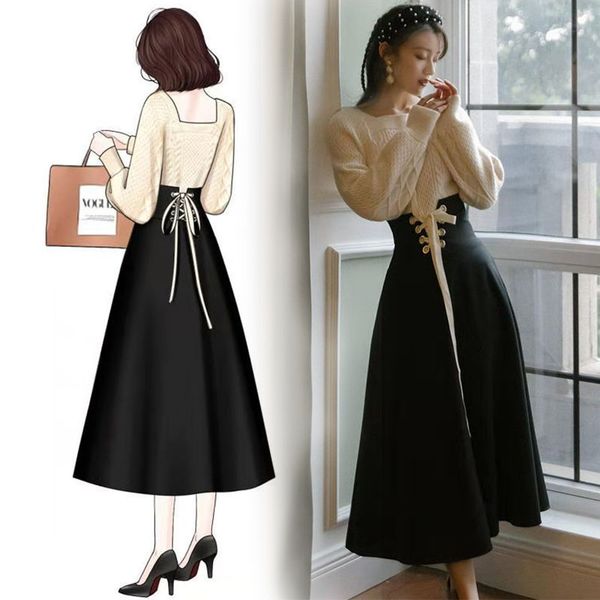 

new women 2021 spring autumn sweater set full sleeve knitted and skirt sets female casual chic two piece suit outfits a628tcuc, Black;gray