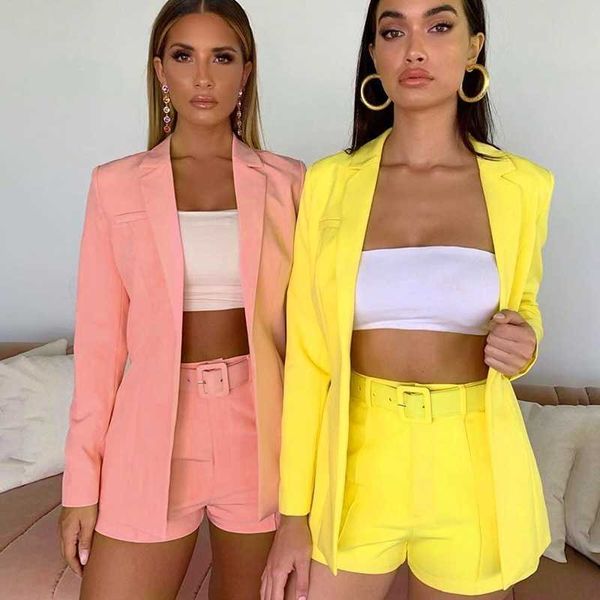 

fashion suits blazers jaet shorts women's autumn 2021ins 90388 solid color belt lapel cardigan, White;black