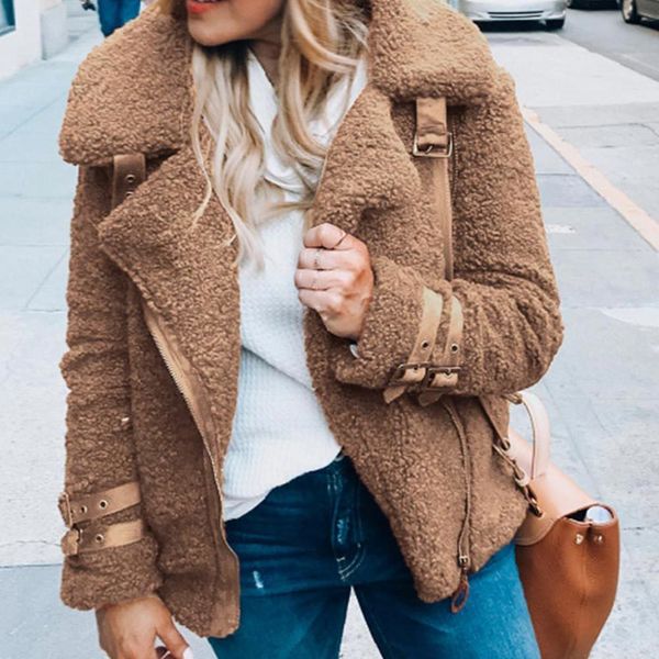 

2021 new women plush overcoat autumn winter warm furry faux fur motorcycle jacket female casual zipper belt coat outwear 65q5, Black