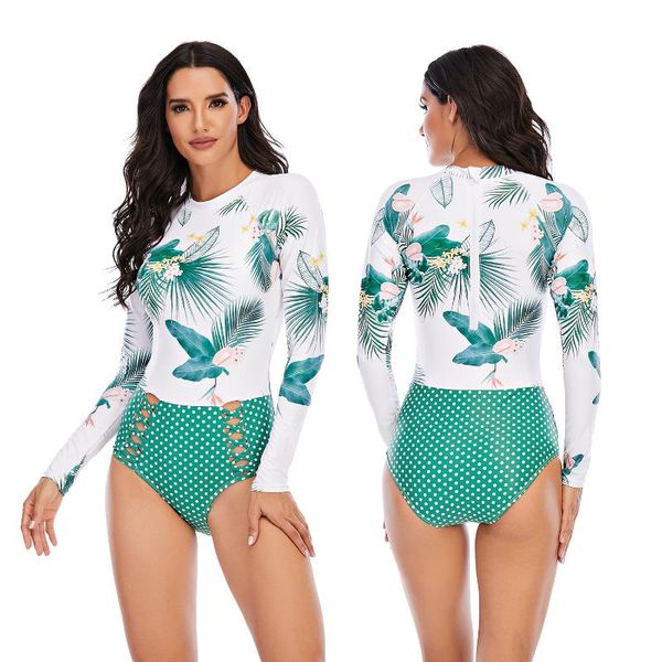 

lady long sleeve green floral one piece swimwear women dot swimsuit