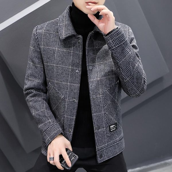 

men's wool & blends autum winter plaid jacket coat men thicken warm casual business trench short streetwear overcoat windbreaker, Black