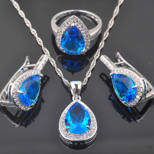 

earrings & necklace 2021 sky blue crystal water drop women's silver color jewelry sets pendant rings qz0356