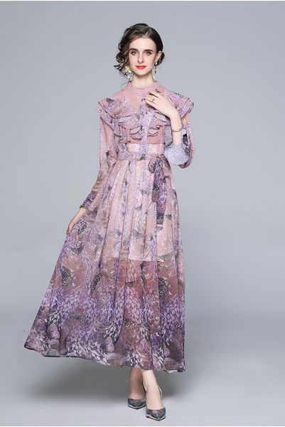 

female spring sweet mend babados horn long lavender printing lace up chiffon dress of medium length with great swing 21g1, Black;gray