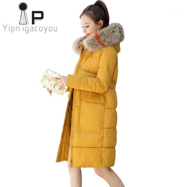 

winter long down jacket women big fur collar hooded coat plus size korean casual warm wadded jacket thick cotton parkas outwear1, Black