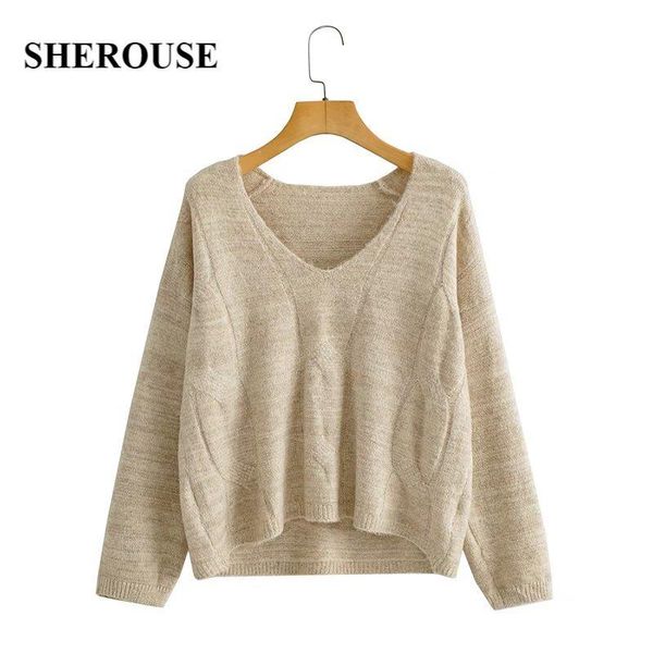 

women's sweaters sherouse women fashion solid knit sweater vintage v-neck long sleeves knitwear casual knitted pullover woman, White;black