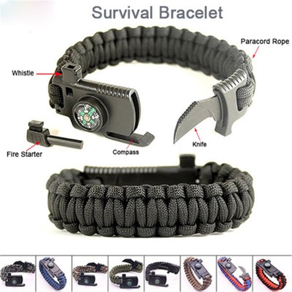 

wholesale multi-function umbrella rope adjusting hand chain outdoor camping adventure survival tools flint guide needle knife yao, Golden;silver
