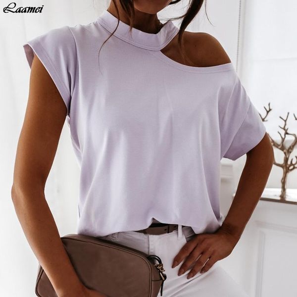 

women's blouses & shirts shoulder solid color blouse women 2021 summer short sleeve casual loose halter backless ladies, White