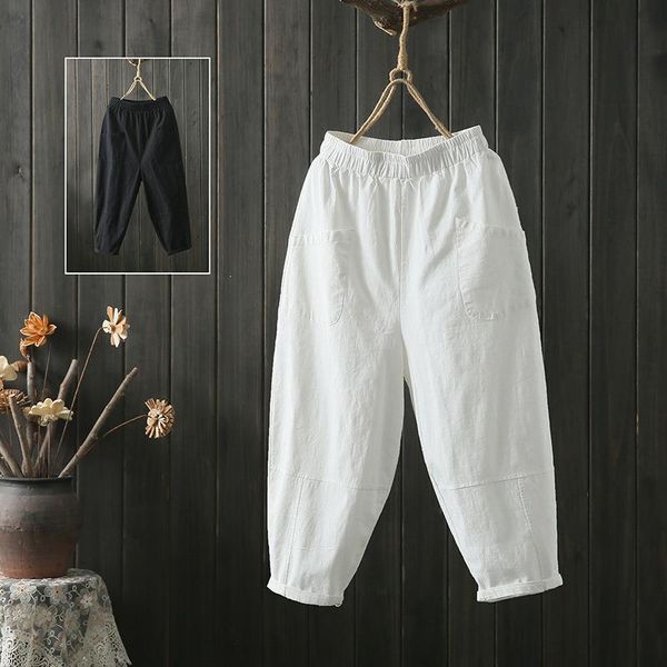

women's pants & capris loose harem casual elastic waist solid color calf-length pockets cotton linen women, Black;white