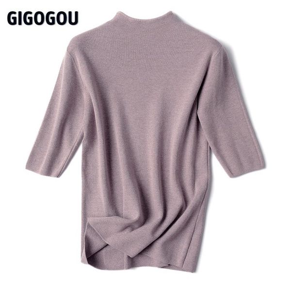 

gigogou half sleeve women turtleneck sweater autumn spring pullover soft female jumper black white tight sweaters pull femme 210917, White;black