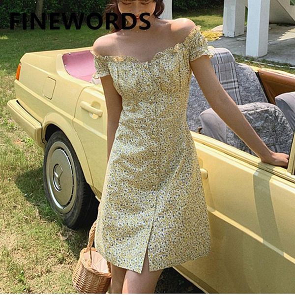 

casual dresses fiords slash neck party summer floral dress korean elegant mini beach boho off shoulder printed yellow sundress, Black;gray