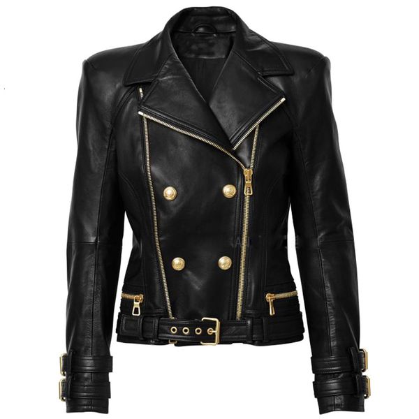 

2021 autumn new arrival female lion double fly thin lapel long leather jacket of moto zd6d, Black