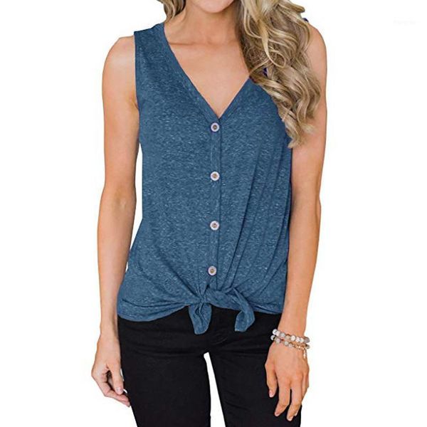 

women's t-shirt sleeveless v-neck vest women summer fashion casual loose shirts female solid color buttons simple comfortable, White