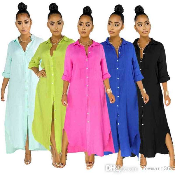 Mujeres Maxi Vestidos de camisa Moda sexy Vestido de manga larga Color sólido Ropa de diseñador Damas Botones de una pieza Falda