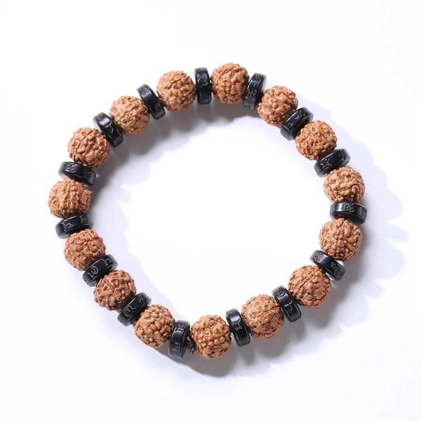

link, chain six true words natural coconut shell and rudraksha beaded spacer elastic rope simple leisuretravel couple fashion, Black