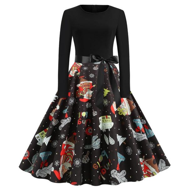

casual dresses women vintage christmas dress 1950s housewife swing party lace-up patchwork santa claus printed xmas vestidos, Black;gray