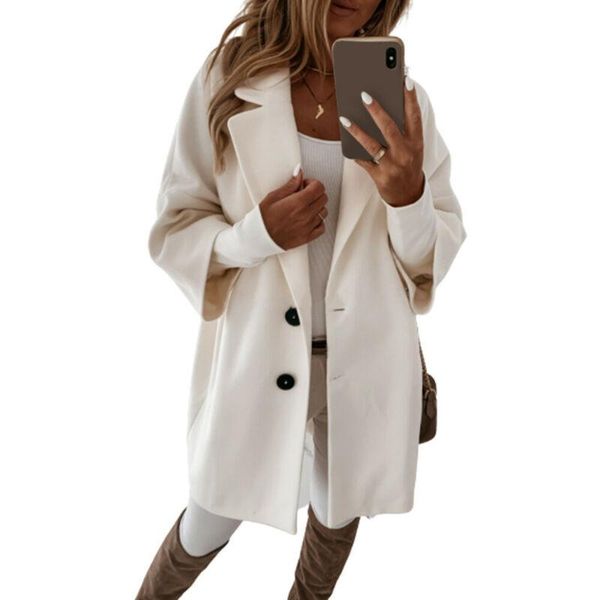 

women's wool & blends solid woolen coat for women streetwear lapel button warm outwear long sleeve casual winter overcoats female fall, Black