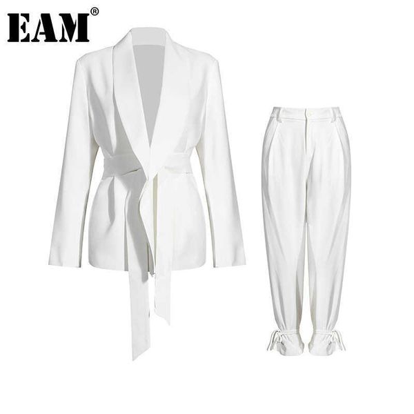 

[eam] wide leg pants big size bandage two piece suit lapel long sleeve loose fit women fashion spring autumn 1da241 210929, White