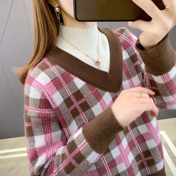 

high collar women's sweater autumn and winter 2021 new loose wear lazy wind thickened fake two-piece base coat, White;black