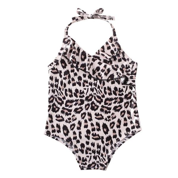 

one-pieces fashion children's swimwear sleeveless leopard print halter tie ruffle cute playful comfortable soft skin summer swimsuit, Black