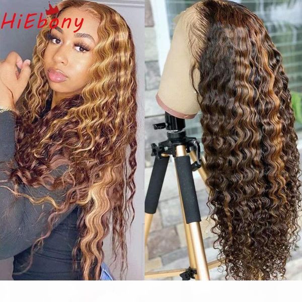

hiebony hd transparent human hair lace front wigs deep wave preplucked 180% full density 13x4 glueless lace front wigs, Black;brown
