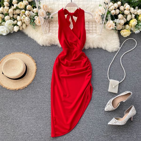 

2021 solid red/khaki irregular halter women summer elegant v-neck sleeveless open back club party fashion ge4r, Black;gray