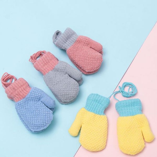 

children's mittens mitten for children fur thick warm cute knitted 2-6years baby hanging neck winter glove soft gloves, White