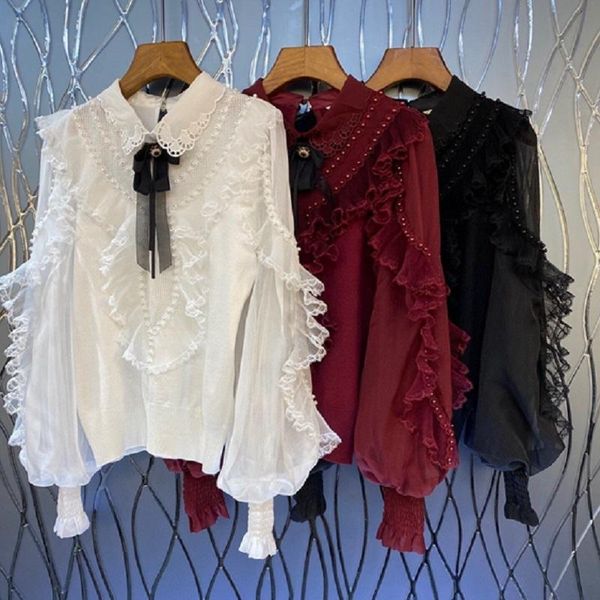 

women's sweaters brand & pullovers 2021 autumn winter women bow deco beading ruffle long sleeve white red black jumper, White;black