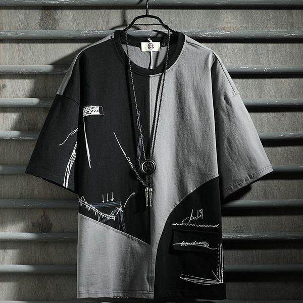 

old style hip hop fashion mens short sleeve t-shirt color matching style tooling 5-sleeve mens t-shirt, White;black