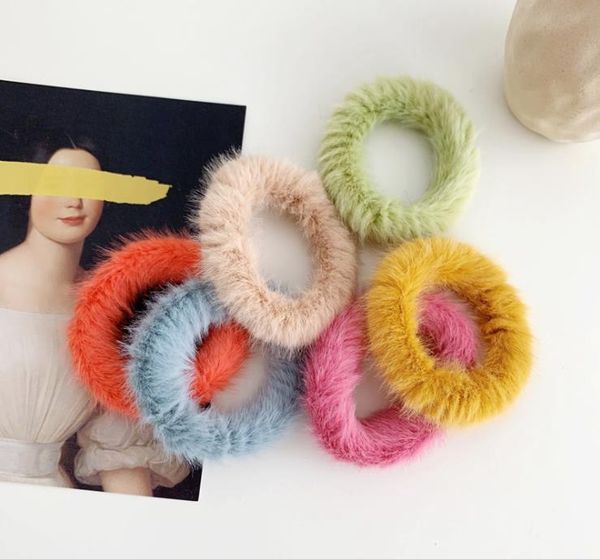 

8pcs faux fur pom poms scrunchies elastic bands solid artificial rabbit hair ties girls hairs accessories, Slivery;white