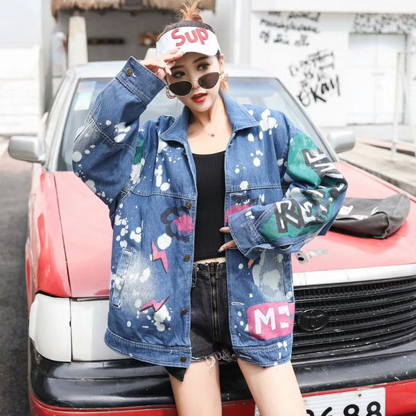 

cross-border european popular logo chic oversize bf graffiti sequined denim coat female trend, Black;brown