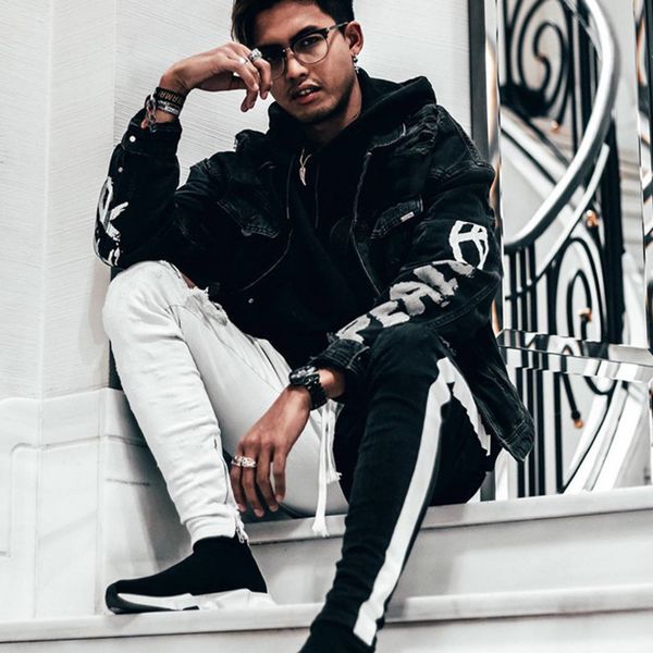 

mens biker jeans spring knee hol ripped black white patchwork jean trousers stylish streetwear for men, Blue
