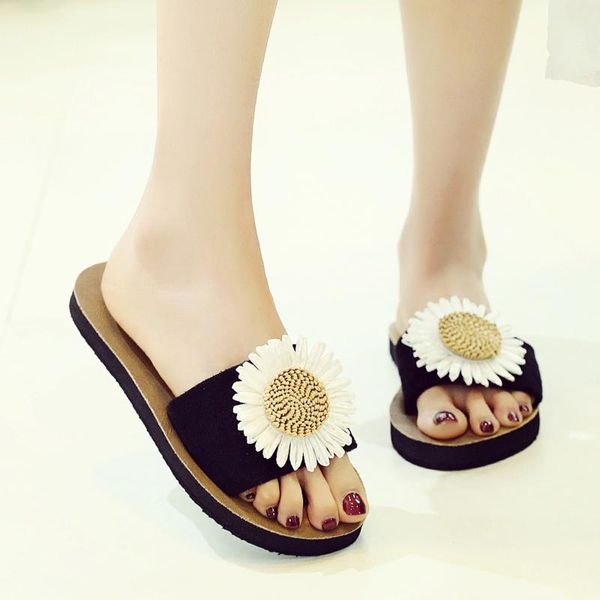 

slippers sagace women shoes flock beach breathable flowers sandals home slipper flip-flops summer flat casual, Black