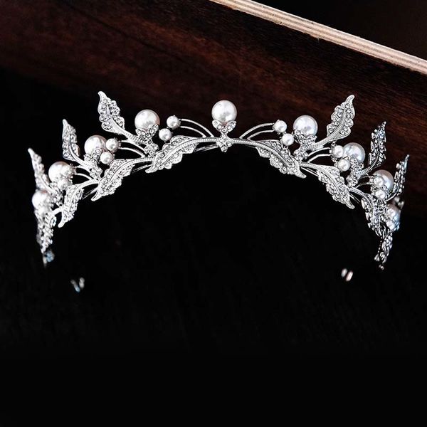 

simple leaf crystal pearls wedding crowns rhinestone tiaras royal princess diadem bridal bride noiva hair jewelry forseven, Slivery;golden