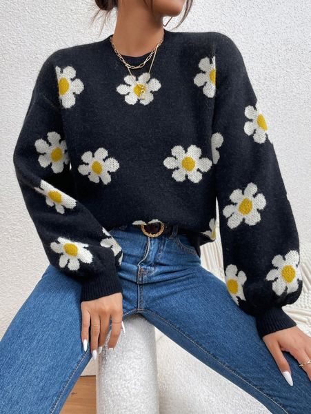 

floral pattern drop shoulder sweater m6og#, White
