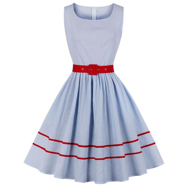 

casual dresses vintage 50s 60s floral pleated plus size rockabilly dress striped print women high waist pinup cottton belt, Black;gray