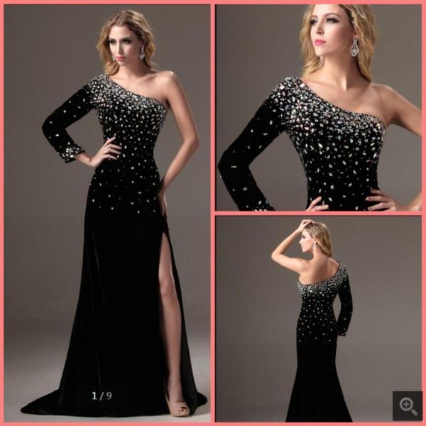 

party dresses vestido de festa black velvet one shoulder evening dress long sleeve beading crystals with slit formal prom gowns floor length, White;black