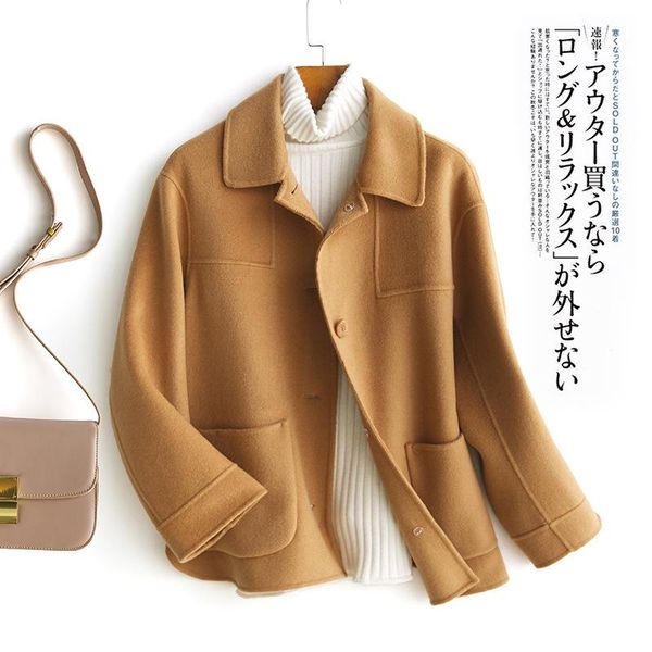 

women's wool & blends short solid double sided 100% coat women single breasted elegant winter jacket casual outerwear female, Black