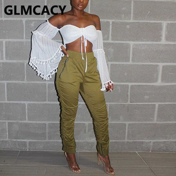 

women casual zipper slit cargo pants solid ruched slim trousers 210702, Black;white