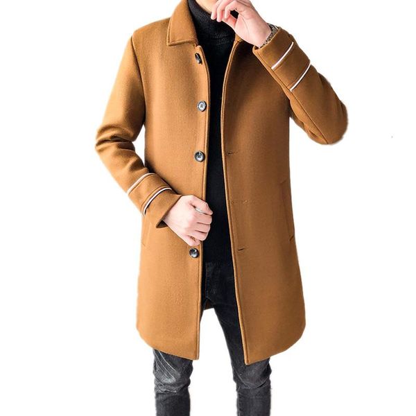 

2021 men casual medium long wool blend coat windbreaker autumn winter fashion british style solid color slim fit trench jacket, Black