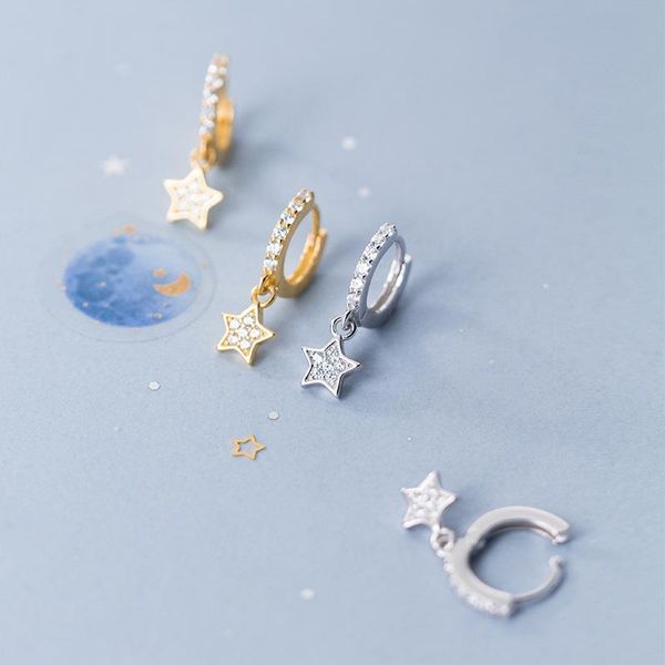 

hoop & huggie 18k gold authentic 925 sterling silver jewelry cz set star earrings ear bone piercing c-g6163, Golden;silver