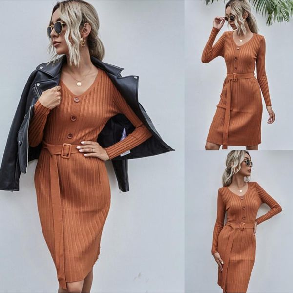 

casual dresses korean dress long sleeve v neck knit for women 2021 autumn winter fashion solid slim female clothing vestido, Black;gray