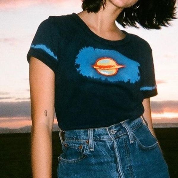 

women's t-shirt women summer short sleeve block planet floral print o neck slim tee crop t shirts for femalae, White