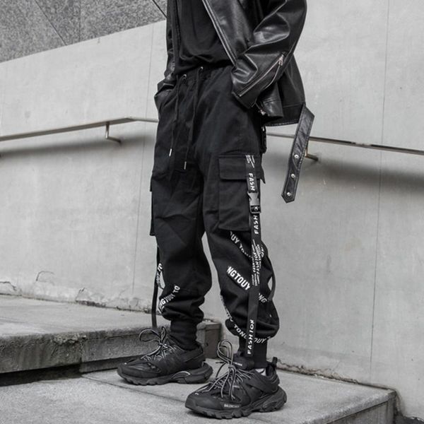 

men's pants ribbons cargo trend brand oversize loose streetwear korean hiphop male trousers autumn, Black