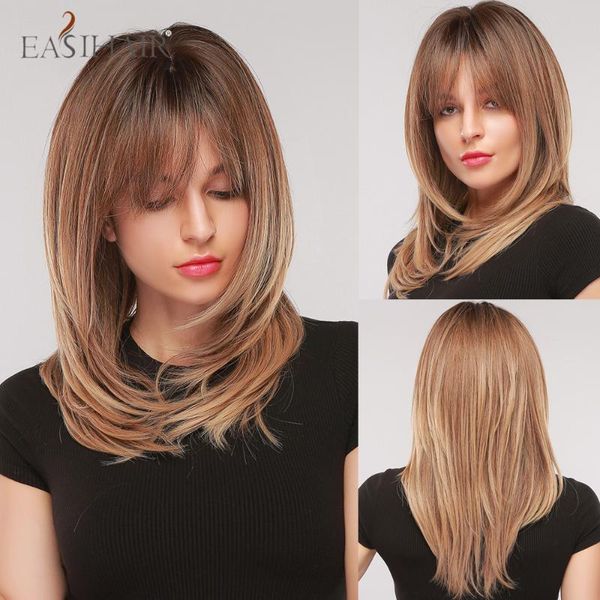 

synthetic wigs easihair ombre brown to light medium length heat resistant with bangs natural hair for black women cosplay